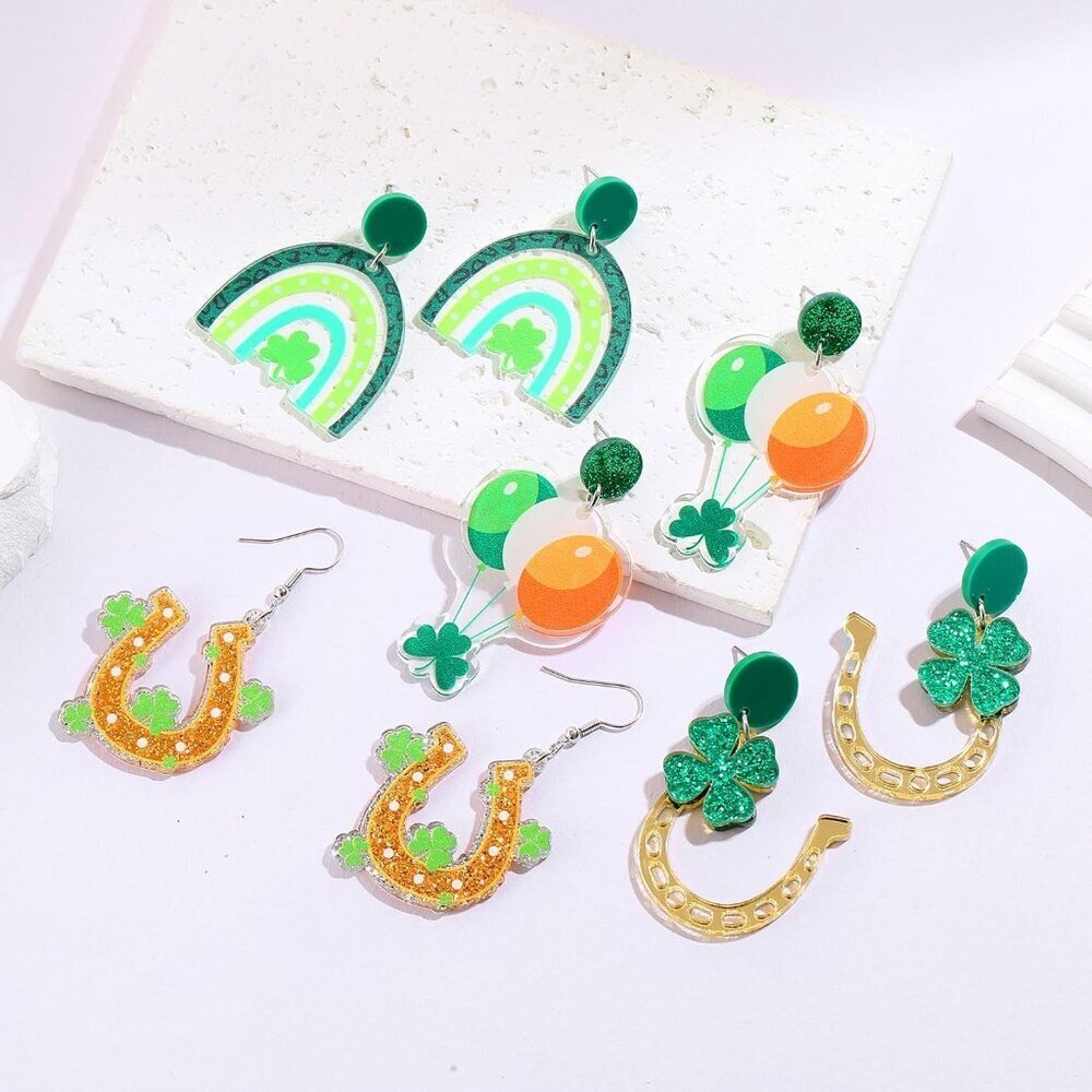 St Patrick's Day Earrings Set 9 Pairs Green Shamrock Clover Festive Dangle Jewel - Picture 6 of 8